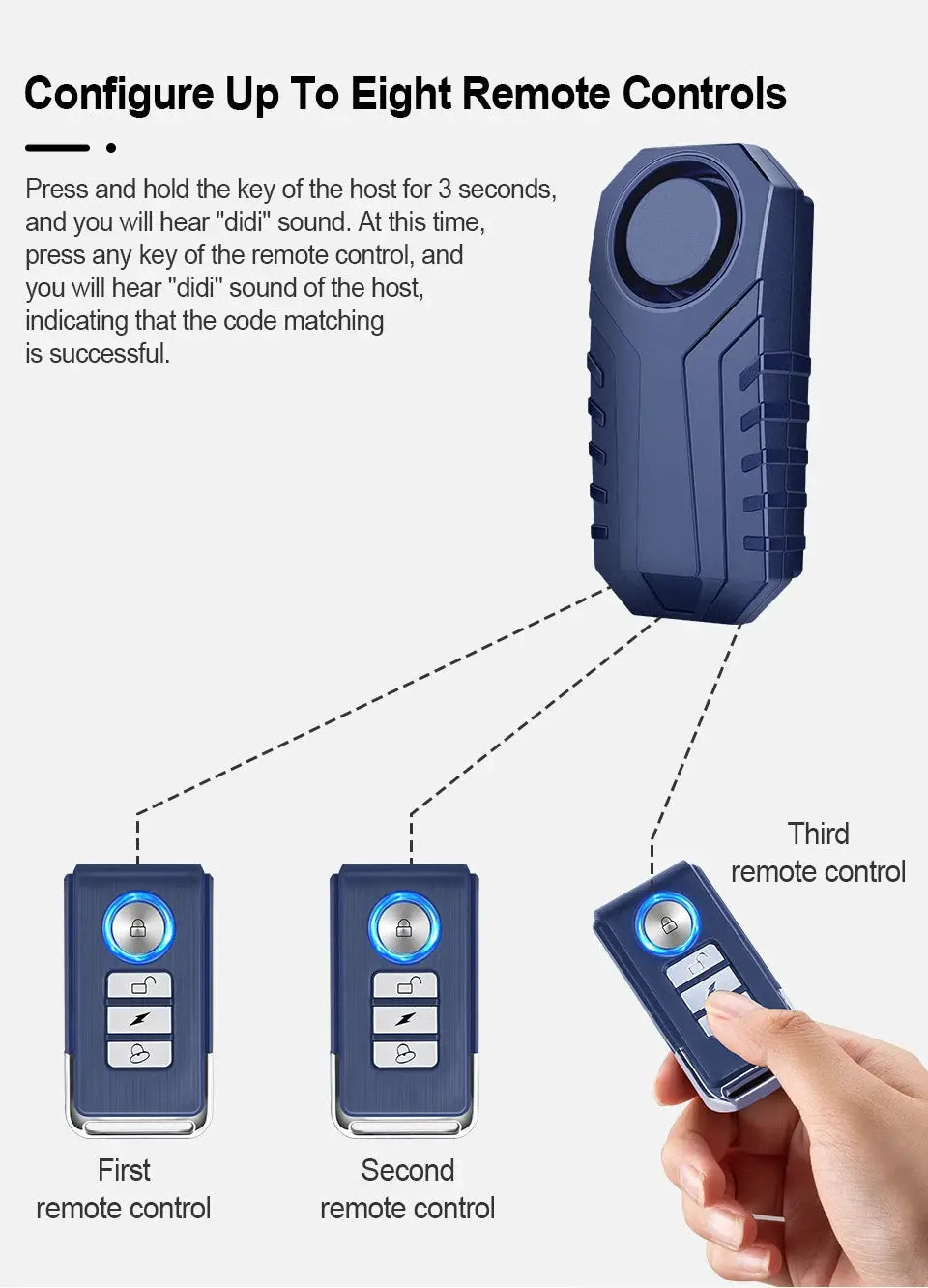 Blue 113dB bike anti-theft alarm with three remotes for electric scooters.
