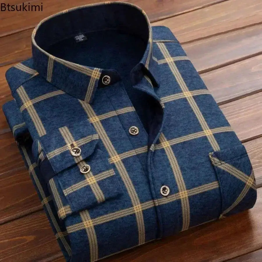 Men's blue plaid flannel shirt with warm fur lining, long sleeves, button-front closure