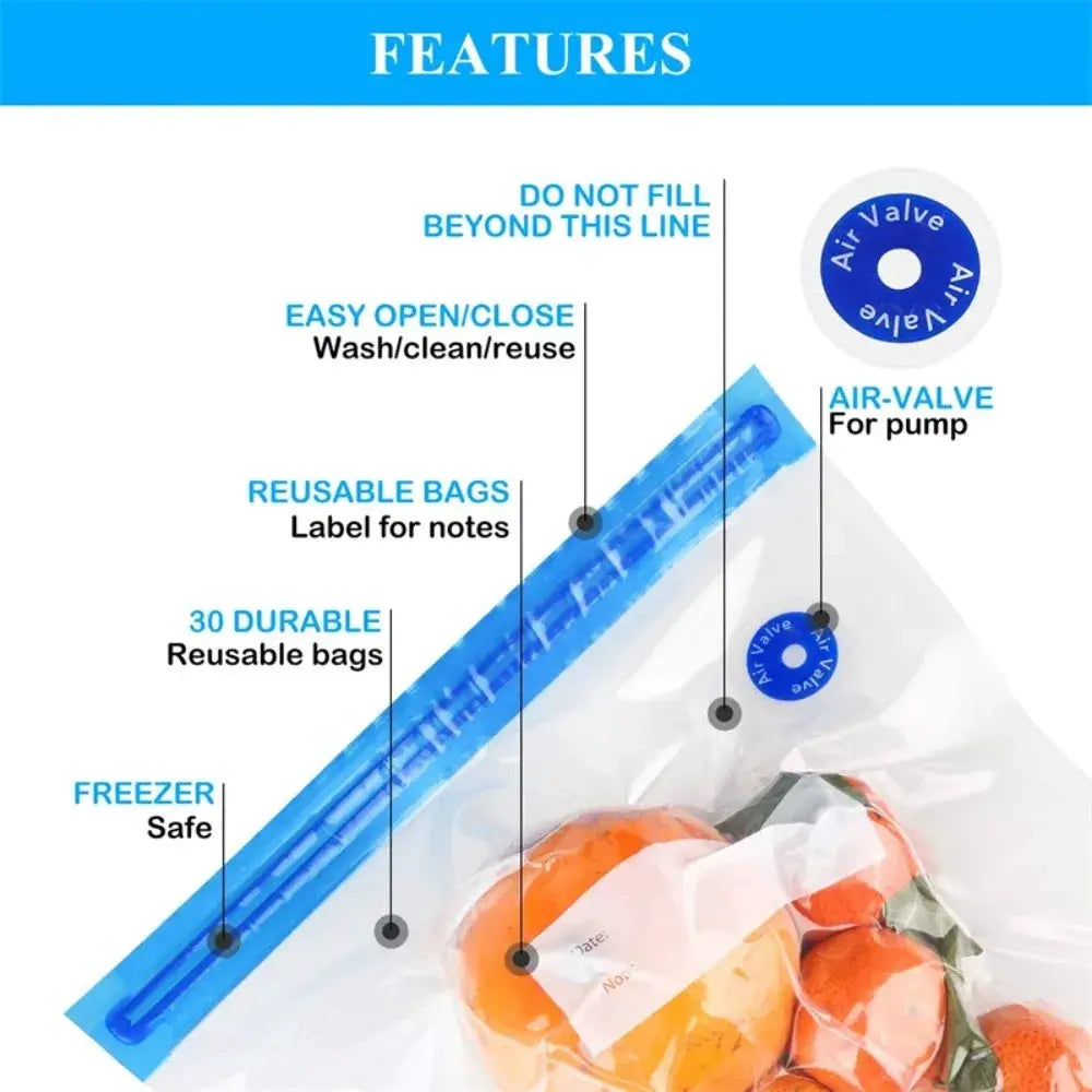 Vacuum Sealed Food Bags With Sealing Pump And Air Valve For Fresh Food Storage Small And Large Sizes 10 Or 20 Pack