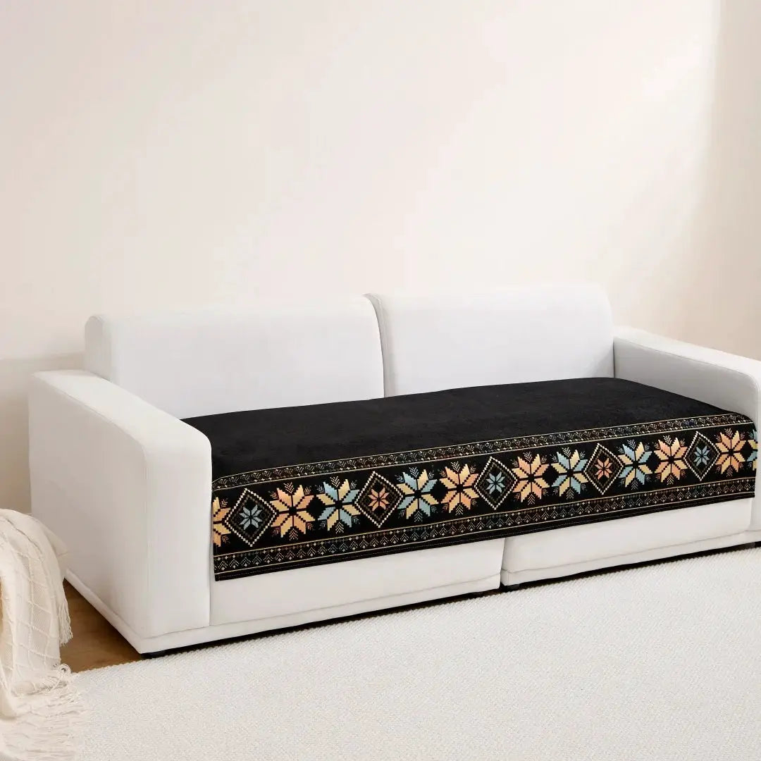 Bohemian Jacquard Chenille sofa towel throw, 1pc, black with multicolor geometric border on white sofa