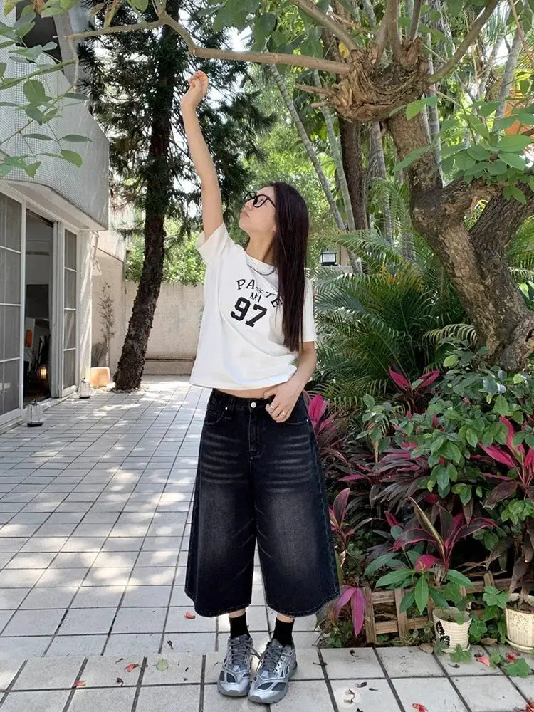 Harajuku High Waist Black Retro Washed Denim Shorts For Women Vintage Casual Loose Fit With Y2K Wide Leg Streetwear
