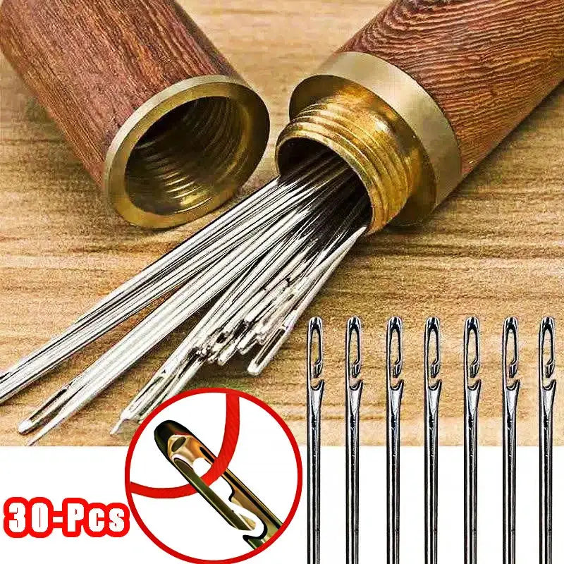 Self-threading sewing needles set, 30pcs, stainless steel in a wooden case