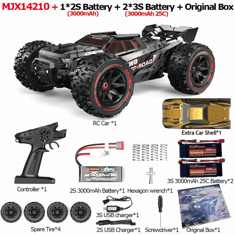 Simples Market MJX 14209/14210 1/14 RC car, black/red, 4WD off-road, controller, batteries, four spare tires, original box