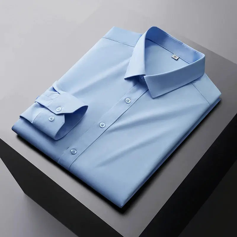 Men's business casual long-sleeve shirt, solid light blue, wrinkle-resistant all-season versatile top
