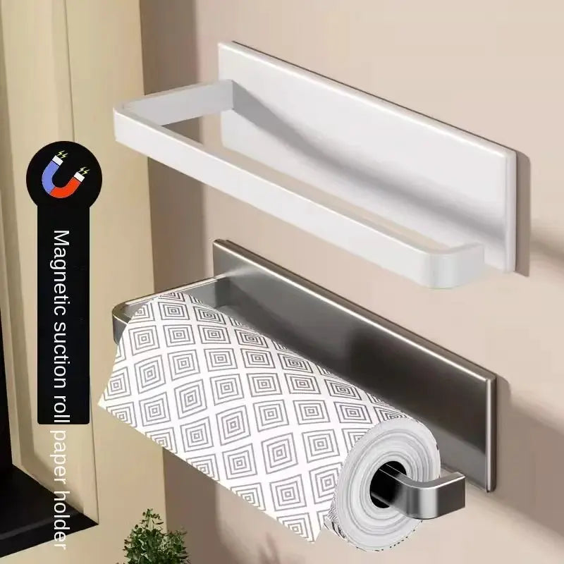 Simples Market paper towel holder set: white wall-mounted shelf and stainless steel magnetic roll holder