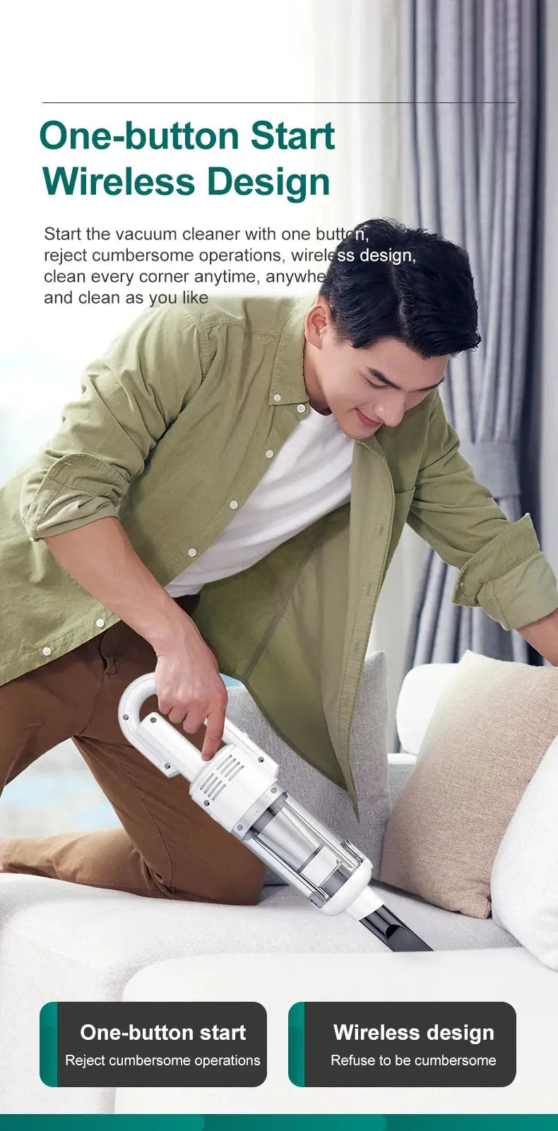 Handheld vacuum cleaner by Simples Market with wireless design and HEPA filter, white body and transparent dustbin.