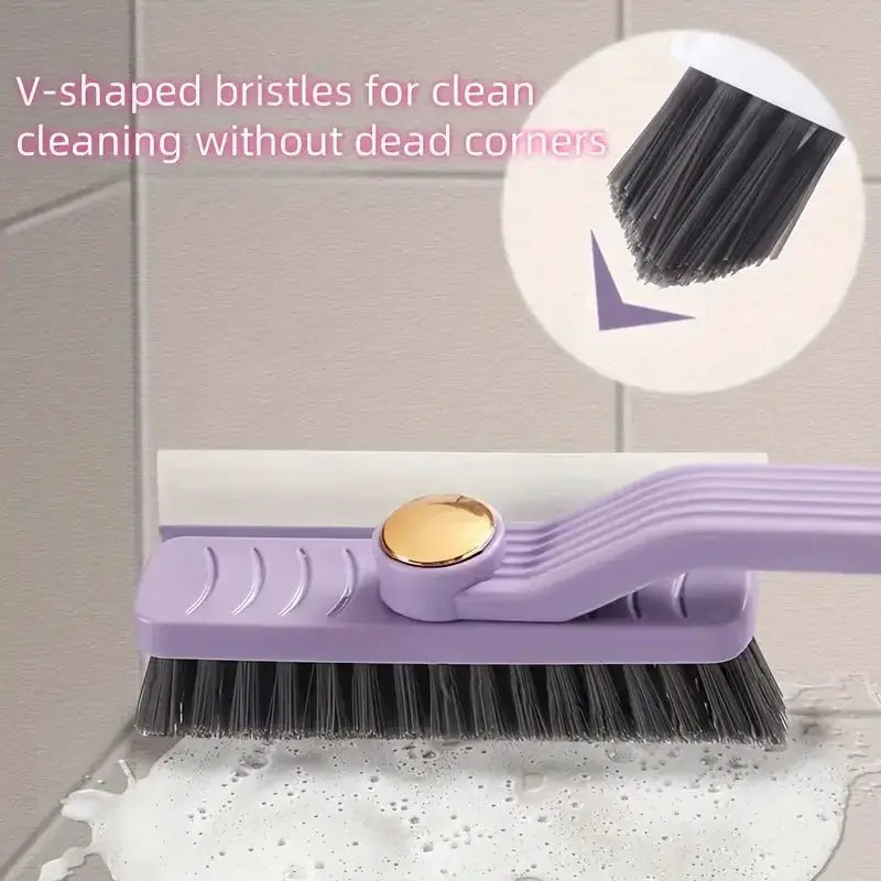 Simples Market 4-in-1 rotating hard-bristle tile cleaning brush with clip scraper, purple handle for bathroom floors