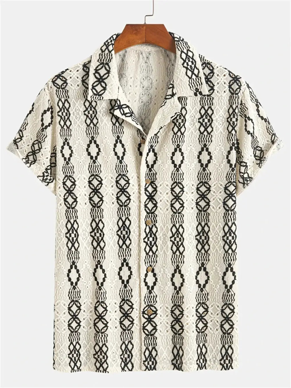 Men's short-sleeve cream lace-knit shirt with black geometric lattice pattern.