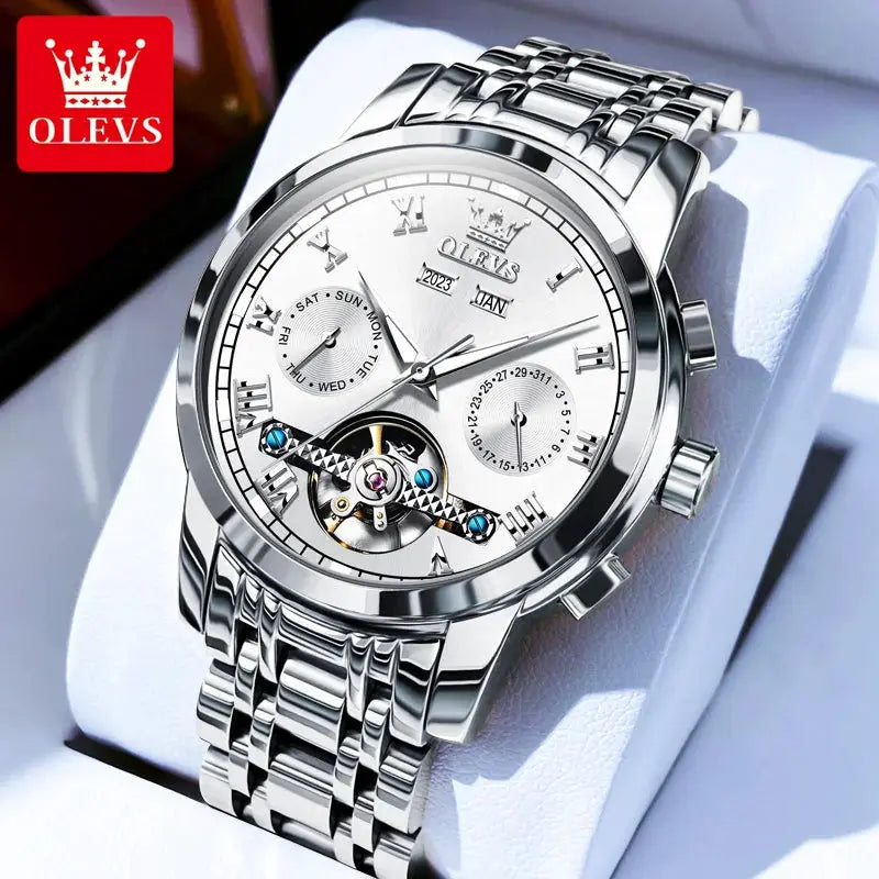 OLEVS wristwatch; stainless steel skeleton flywheel dual-calendar, automatic men's luxury premium timepiece