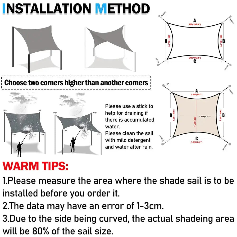 Beige shade sail waterproof outdoor; 2x3/3x4/4x5/5x6m with installation method diagrams