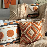 Bohemian geometric embroidered pillow cushion cover with tassels on beige and orange cushions