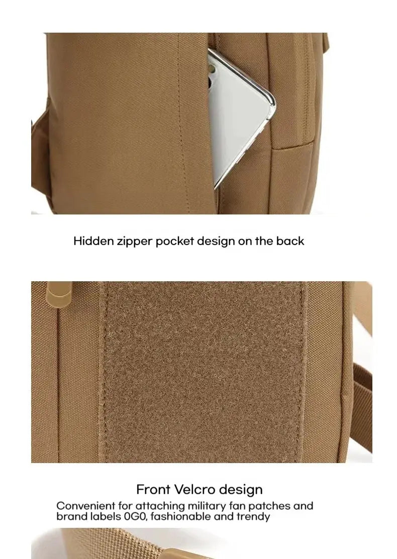 Simples Market tactical shoulder bag in tan with hidden back zipper pocket and Velcro front panel