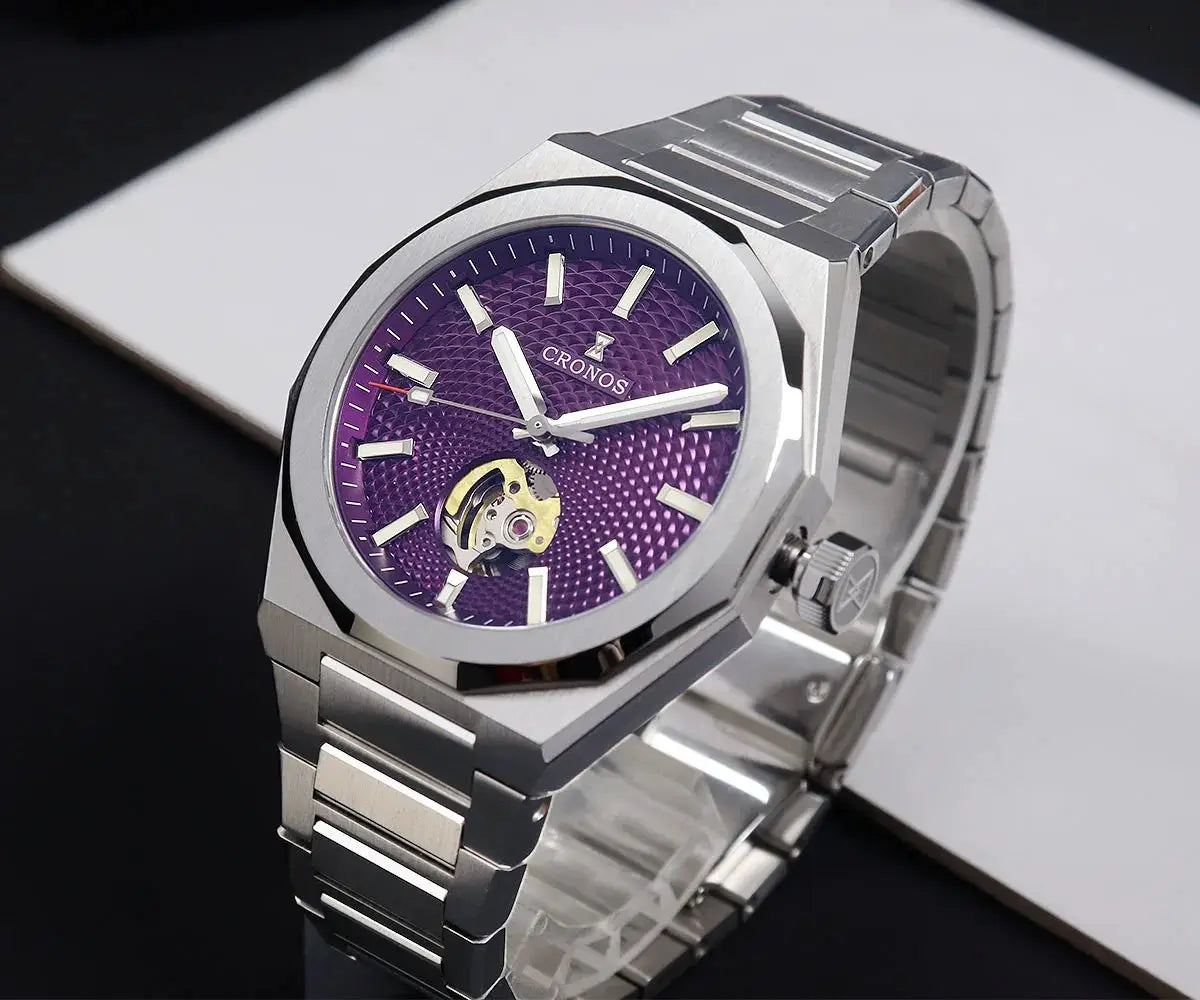 Cronos stainless steel men's watch with purple skeleton dial, 39mm case, see-through caseback, metal bracelet