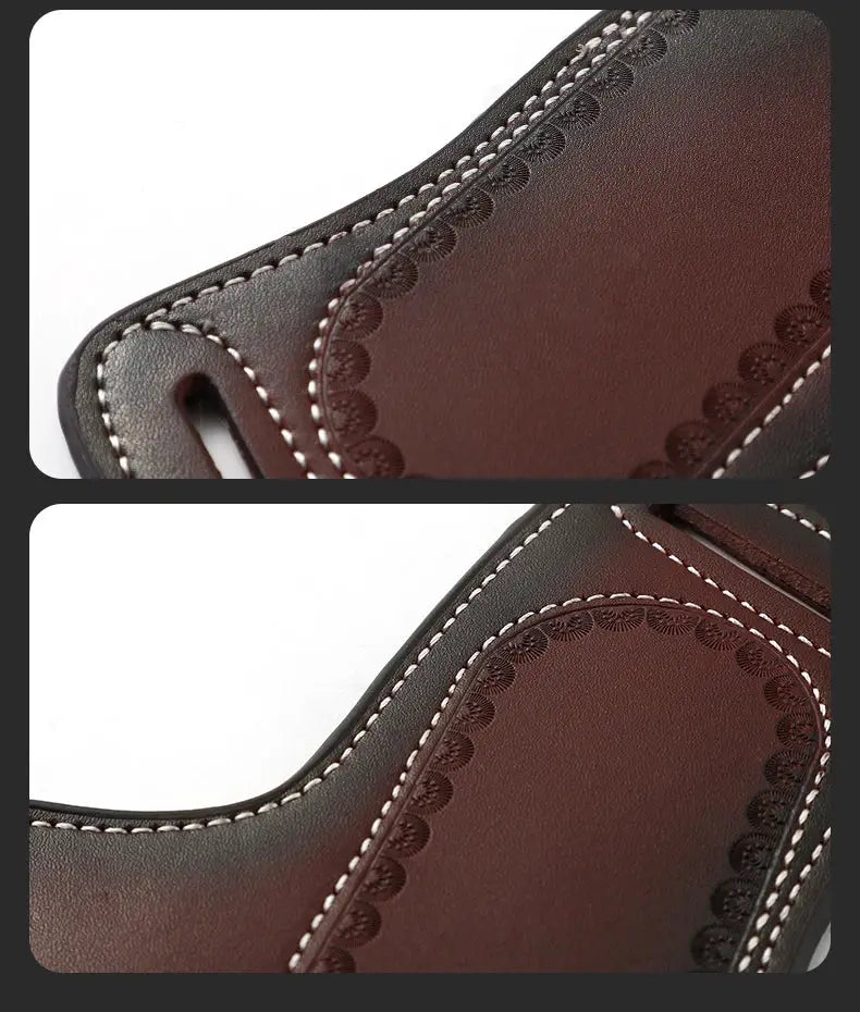 Simples Market vintage leather knife sheath belt cover in brown cowhide with white stitching and scalloped edge