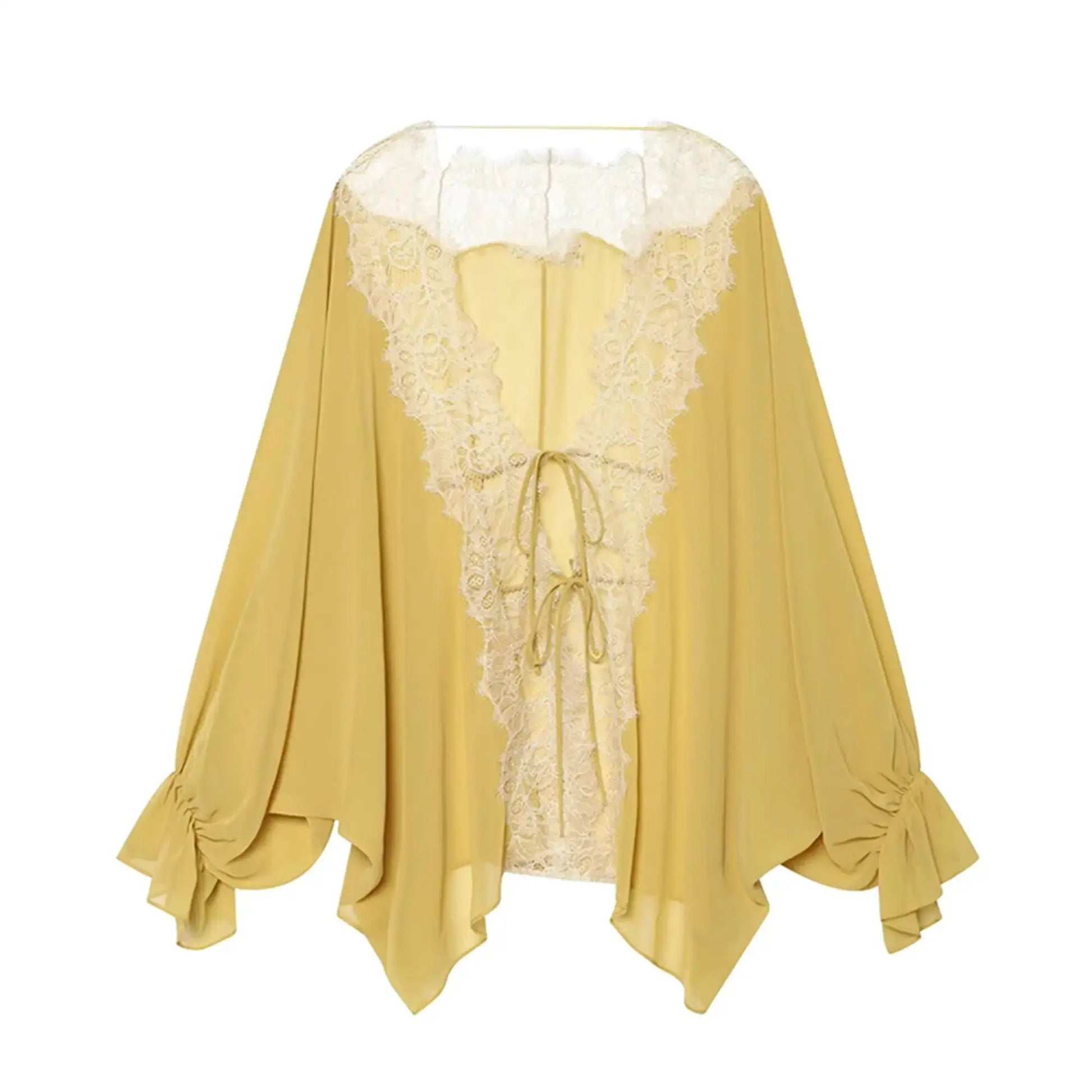 Yellow lace-patchwork lantern-sleeve blouse with tie-front and sheer panels