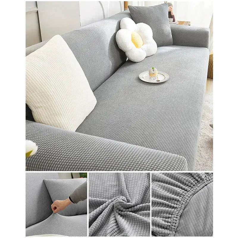 Elastic jacquard fabric sofa cover for L-shaped sectional in grey by Simples Market.