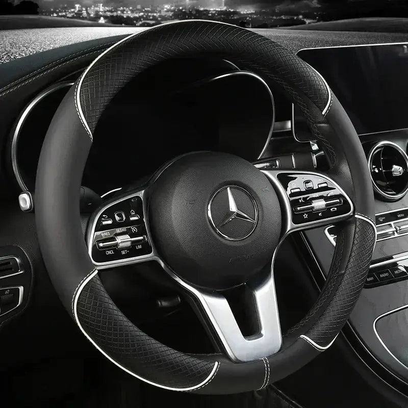 Steering wheel cover, black microfiber leather with white stitching, 38cm, non-slip, Mercedes steering wheel shown.