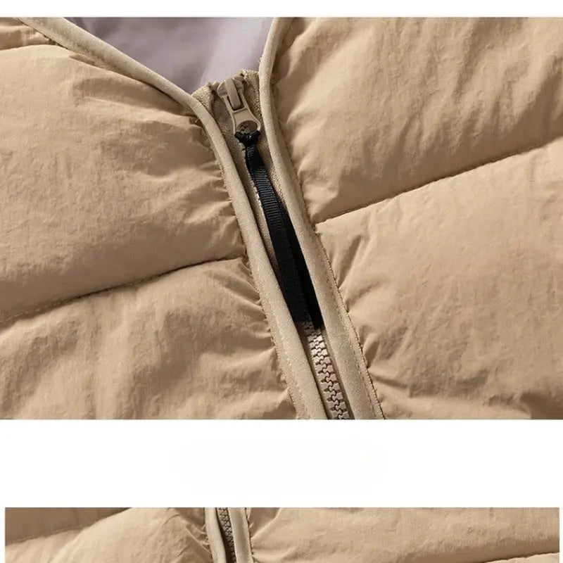 Padded beige vest jacket with front zipper closure, warm cotton-padded outerwear