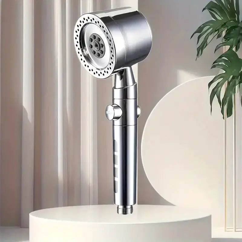 Chrome handheld shower head with 5 spray modes and water-saving filter