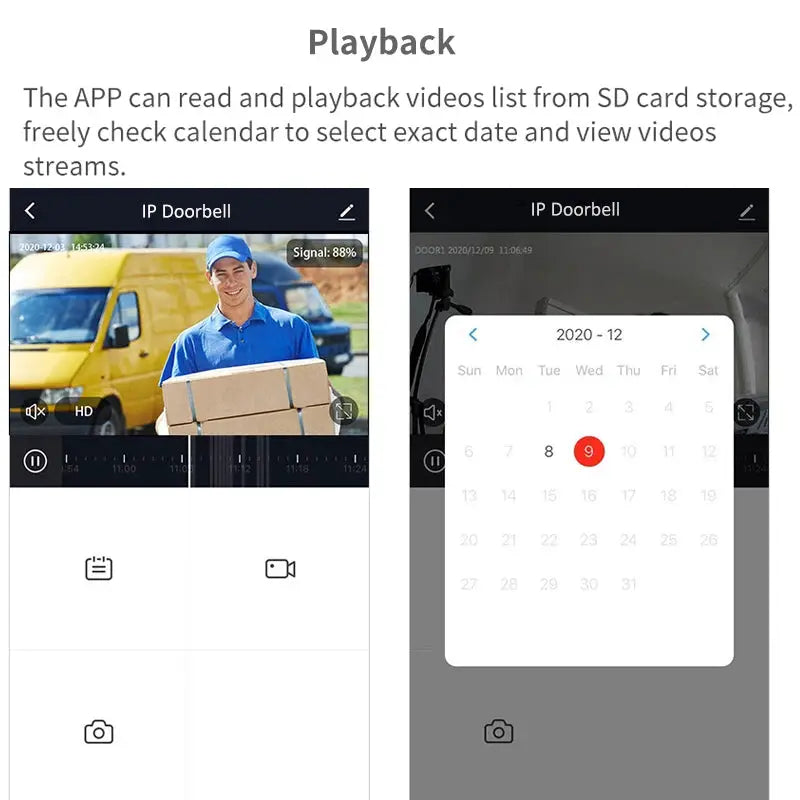 Tuya Smart 1080P Doorbell Camera app playback; mobile screens show live delivery feed and calendar popup Simples Market