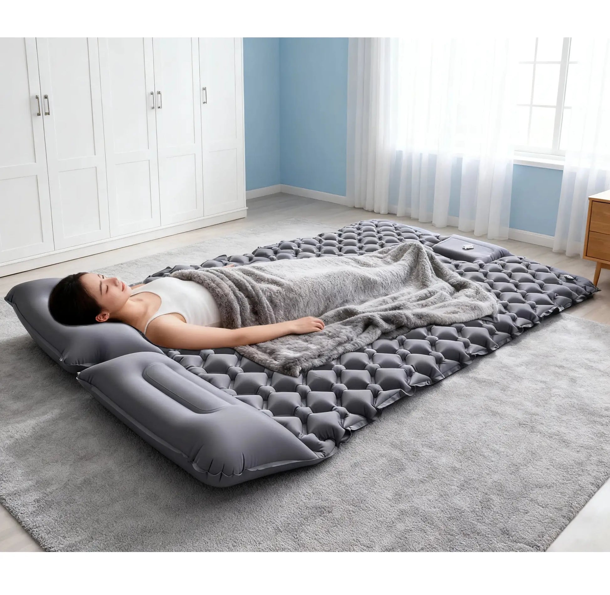 Outdoor Camping Double Inflatable Mattress gray extra-wide ultralight sleeping mat with tufted surface