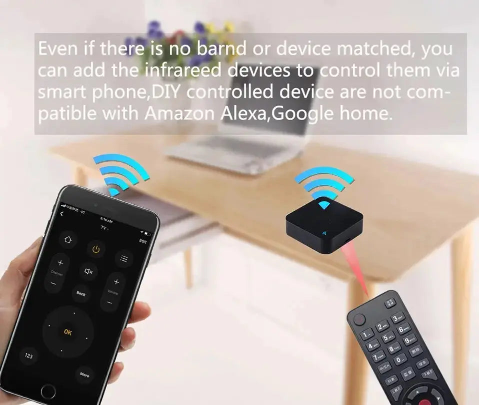 Tuya WiFi IR remote control by Simples Market in black, shown with smartphone app control and TV remote.