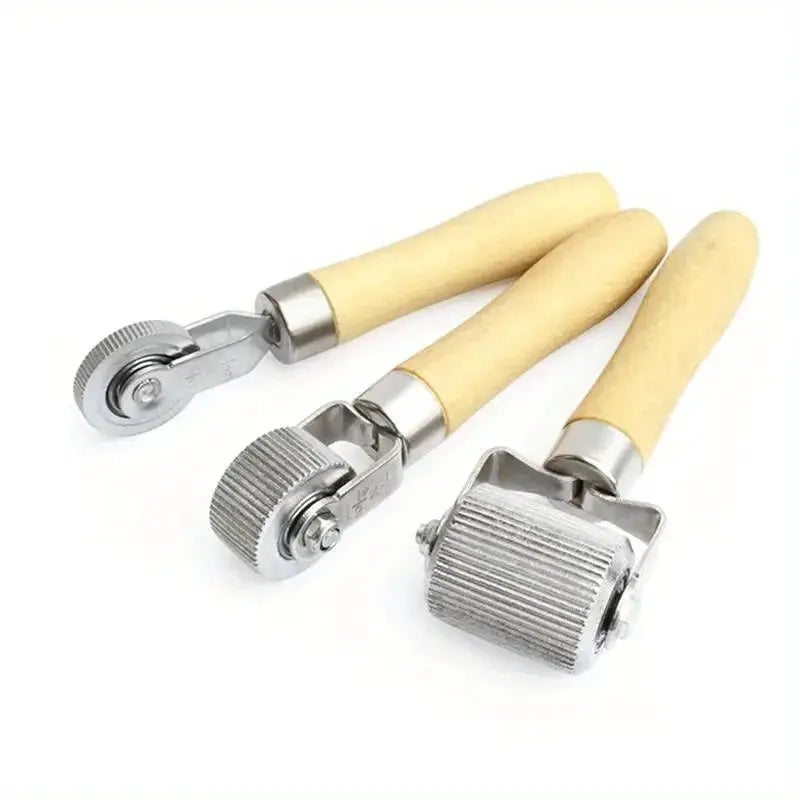 Set of 3 tire repair rollers with wooden handles and metal heads for car and motorcycle wheel repair