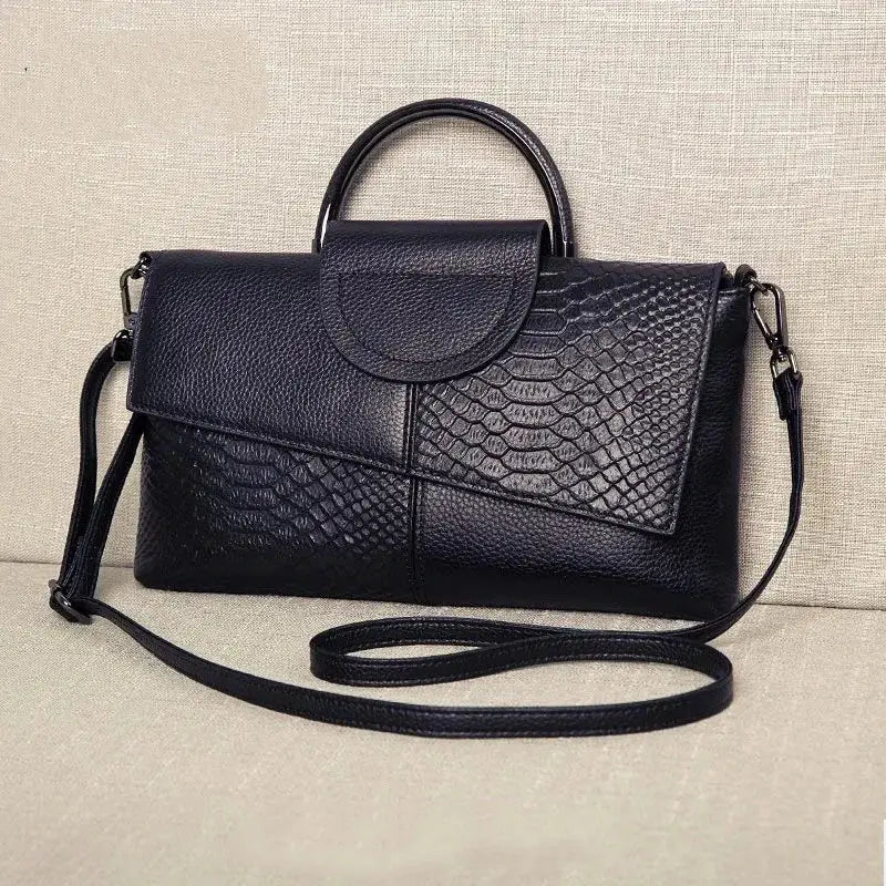 Simples Market PU leather women's crossbody bag, black alligator-pattern flap with top handle and long strap