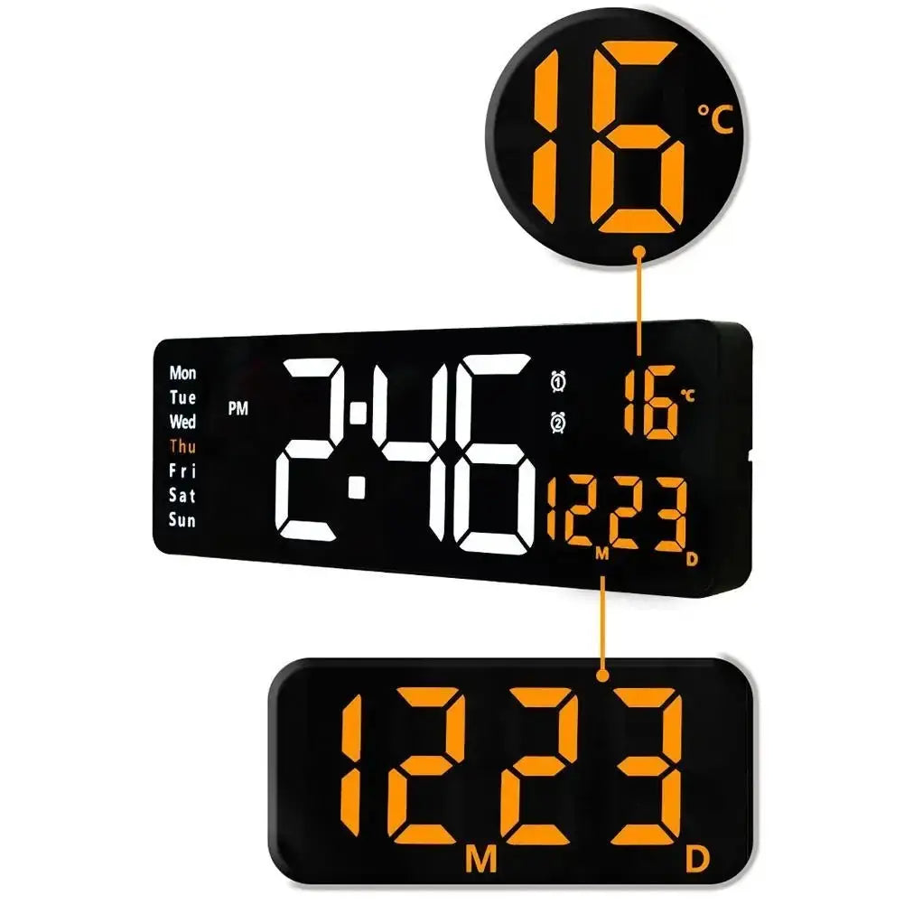 Large black digital wall clock with orange LED digits; three-panel display shows time, date, day and temperature 16°C