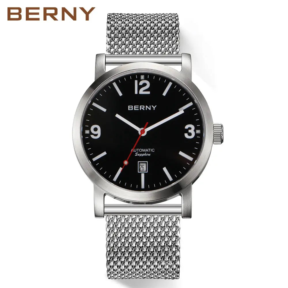 BERNY men's stainless steel mesh watch with black dial, automatic movement, date window, water resistant