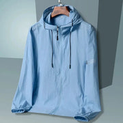 Light blue hooded windbreaker jacket with zip front, drawstrings, and elastic cuffs; UV sun protection