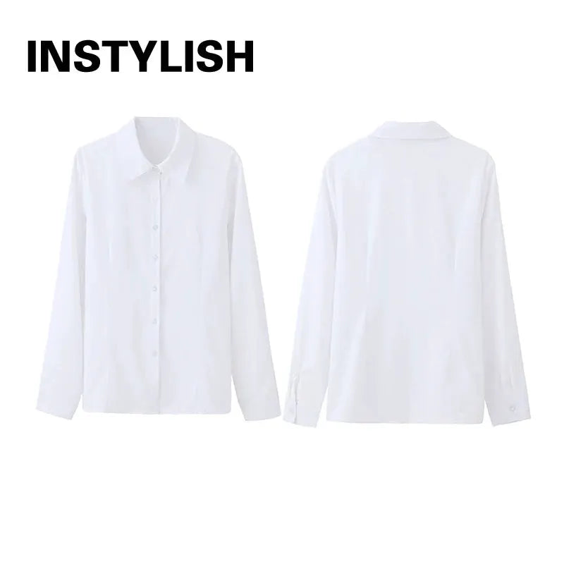 White chiffon button-down blouse for women with long sleeves and turn-down collar; front and back views.