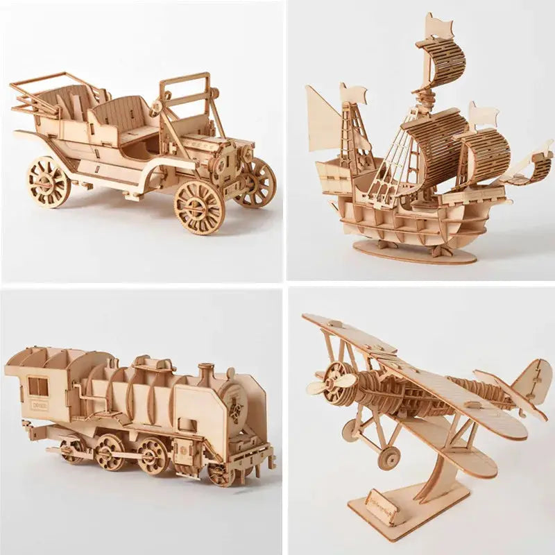 DIY 3D Wooden Puzzle Kit For Assembly Laser Cut Sailing Ship Biplane Steam Locomotive Train Toy For Adults And Kids