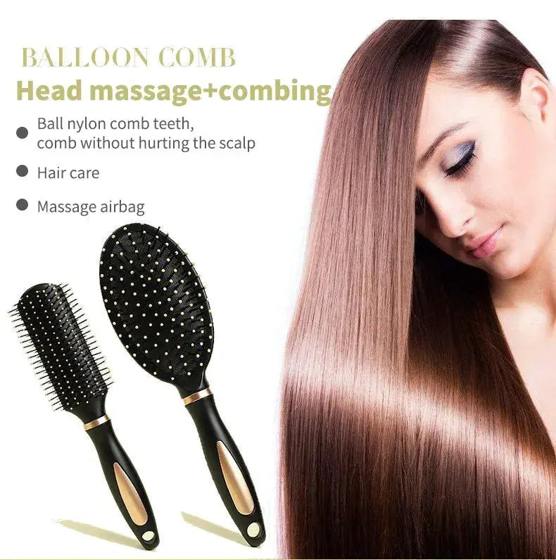 Air Bag anti-static hair brush set, black plastic handles with massage airbag and nylon bristles (2-piece)