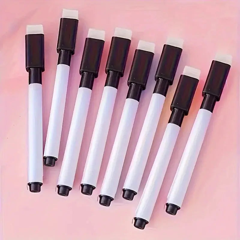 10-pack erasable whiteboard markers with built-in erasers, white bodies and black caps