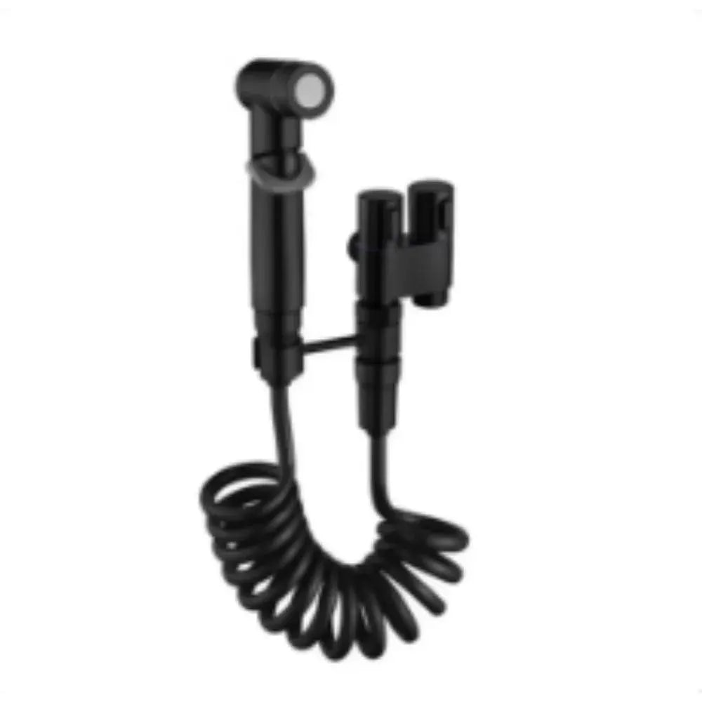 Black handheld toilet bidet sprayer set with coiled hose and wall-mount holder