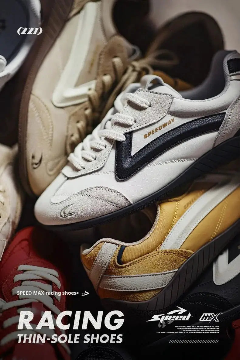Maden vintage patchwork racing shoes; white with black chevron, Speedway branding, among several casual sneakers