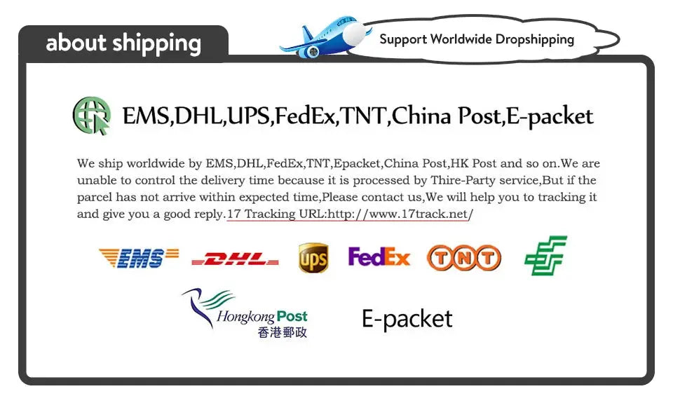 Shipping info banner with worldwide dropshipping logos (EMS, DHL, UPS, FedEx, TNT, China Post, Hong Kong Post).
