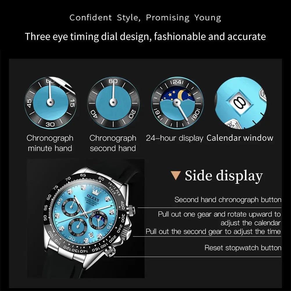 OLEVS 2875 men's quartz chronograph watch, blue dial, silicone strap, moon phase, date, waterproof