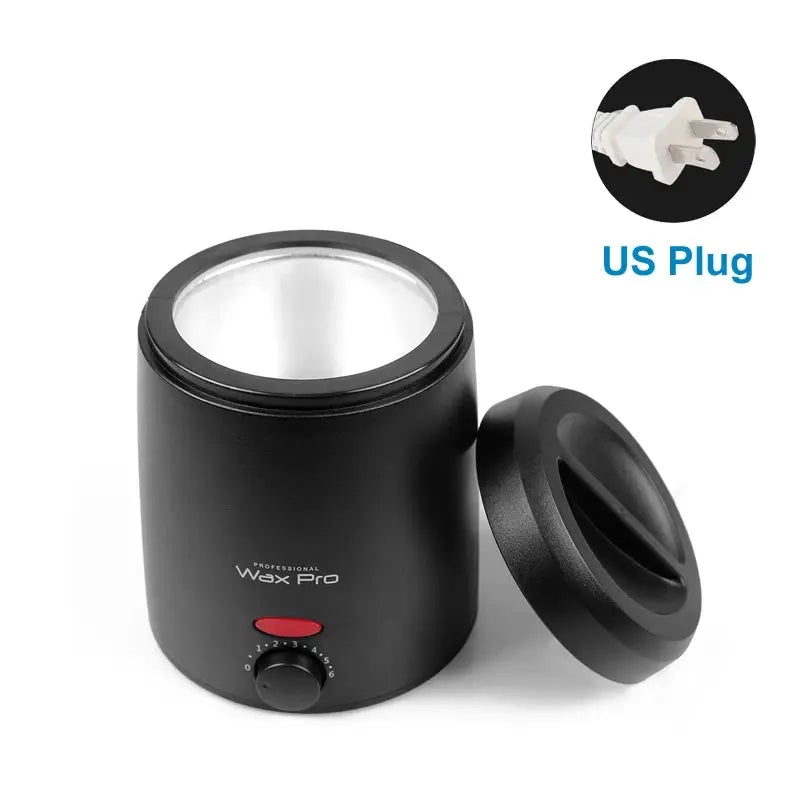 Wax Pro 200ml wax heater in black with stainless-steel pot, lid, and US plug