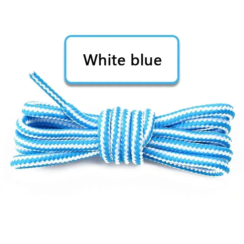 Round cotton shoelaces, white and blue striped, coiled bundle for boots and sneakers; 1 pair