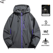 LNGXO gray waterproof hiking jacket with purple zippers; hooded, windproof and breathable for unisex outdoor use.