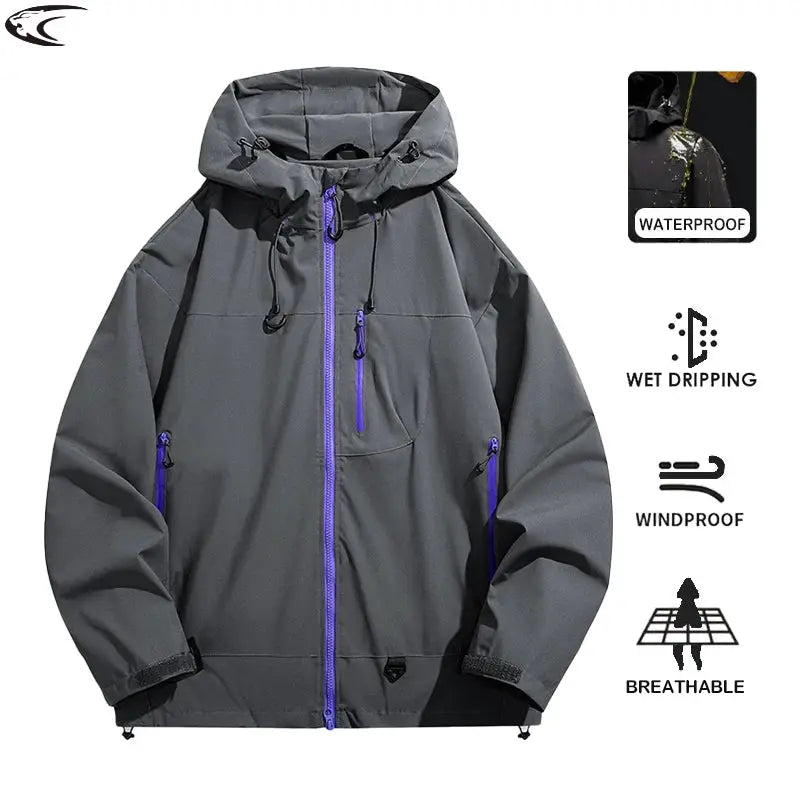 LNGXO gray waterproof hiking jacket with purple zippers; hooded, windproof and breathable for unisex outdoor use.