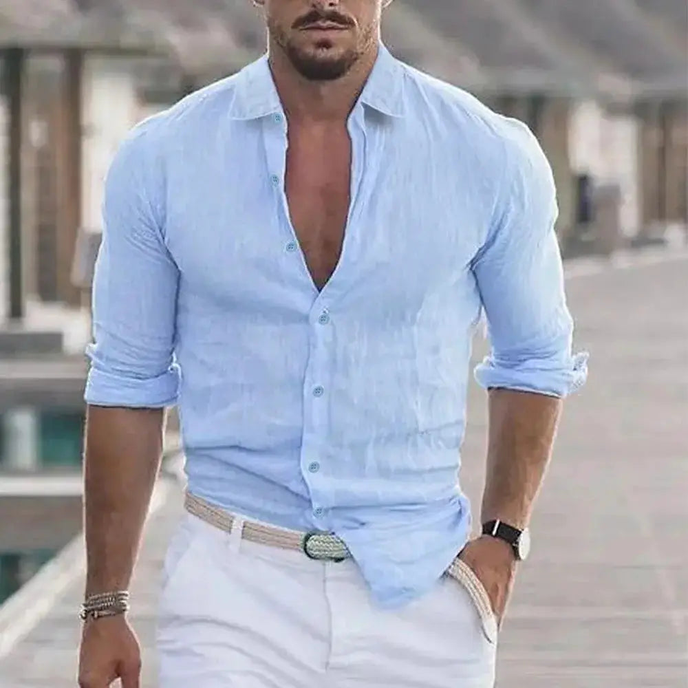 Men's light blue cotton-linen long-sleeve shirt with button front