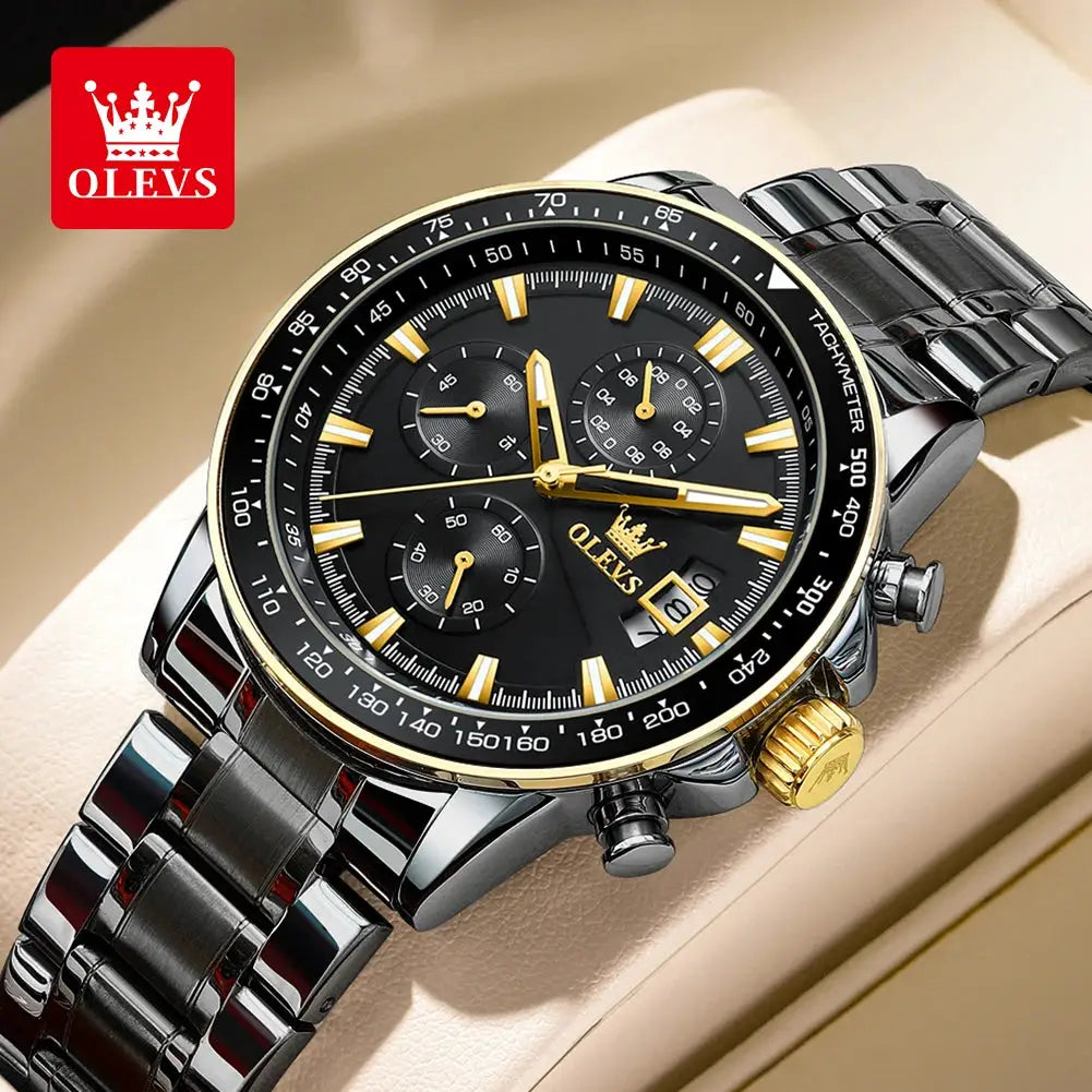 OLEVS TY705 men's watch with black dial, gold-tone hands, stainless steel bracelet, waterproof