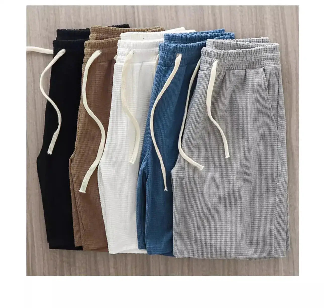 Men's shorts set of 7 in solid colors, mid waist with drawstring, waffle texture, knee-length casual by Simples Market
