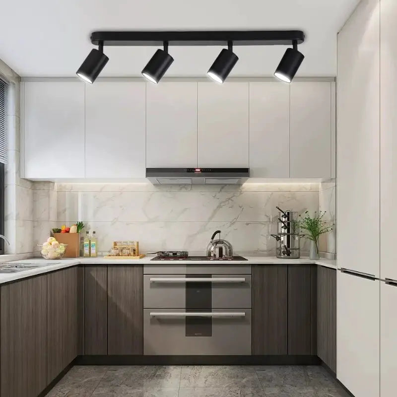 Modern GU10 LED spotlight ceiling track light with four black adjustable heads for kitchen fixtures