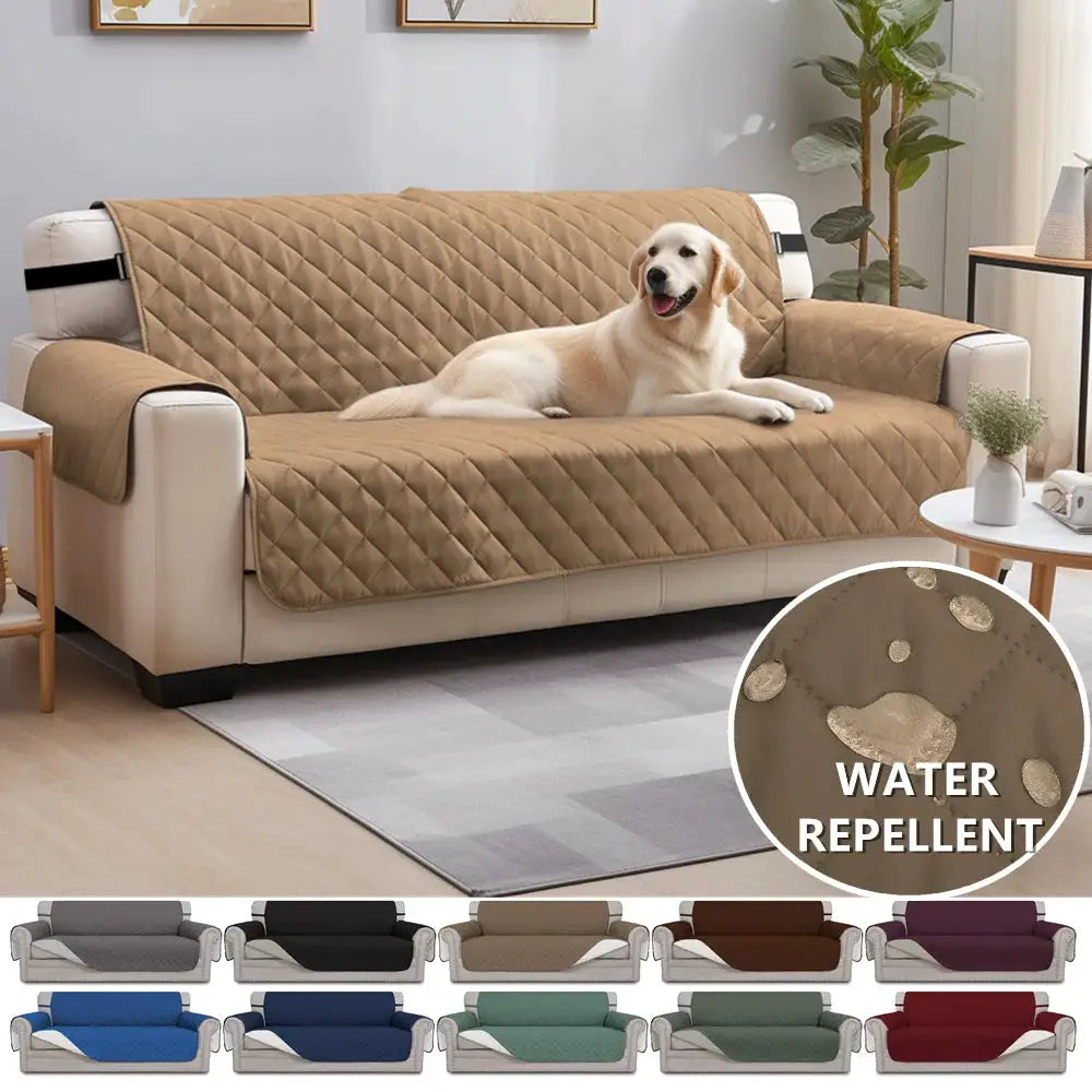 Sofa slipcover, Simples Market, waterproof quilted tan for 3-seater with elastic straps.