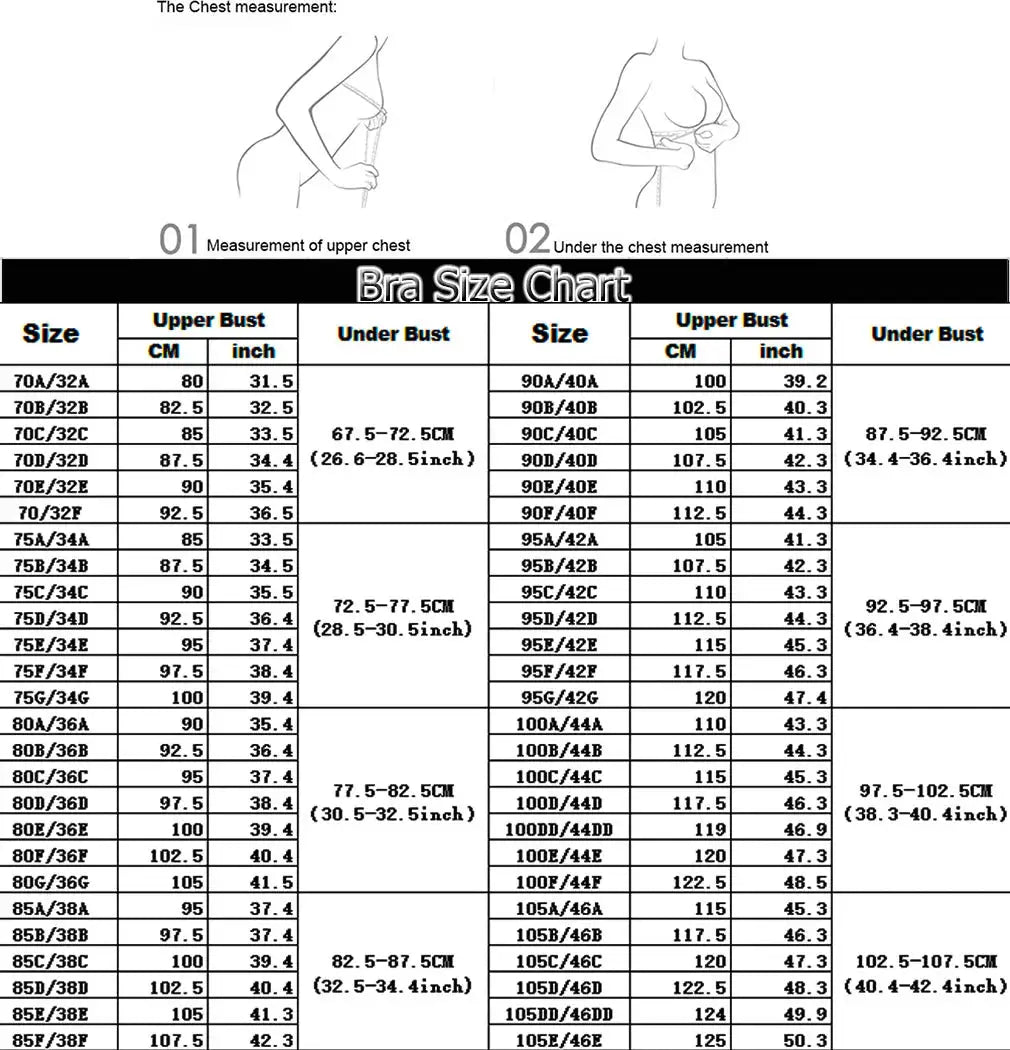 Bra size chart showing cup sizes and upper and under bust measurements for women's lace underwire bras