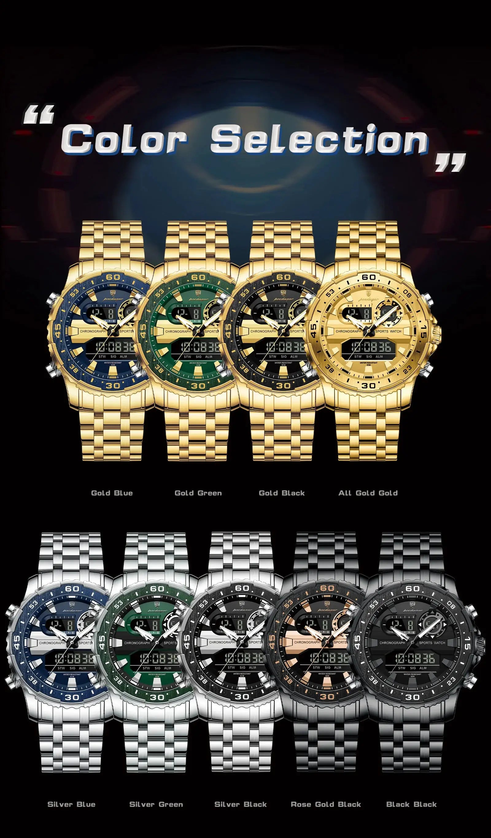 POEDAGAR men's digital LED chronograph wristwatches in multiple color finishes (13-piece collection)